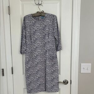 Elegant blue, tan  and White Patterned Dress